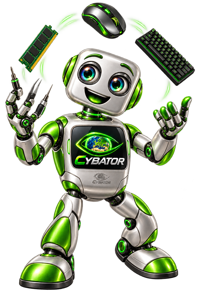 Cybator robot juggling computer accessories