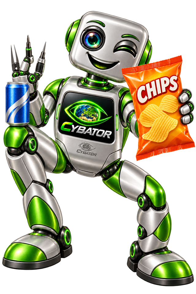 Cybator robot with crisps and a drink